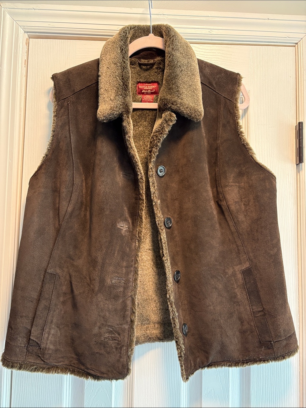 Eddie Bauer Brown Suede with dark olive green Shearling-Lined women’s Vest